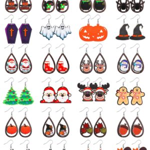 Tigeen 24 Pairs Festival Wood Cute Painted Holiday Wooden Teardrop Dangle for Gift(Pumpkin, Snowman)