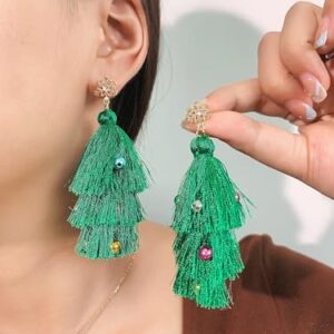 Christmas Earrings for Women Lightweight Christmas Tree Tassel Beaded Earrings Bohemian Dangle Drop Green Earrings, Handmade Bead Xmas Tree Earring for Women Gift