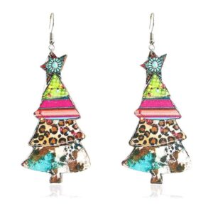 Christmas Earrings For Women, Leopard Western Vintage Merry Christmas Tree Lightweight Wooden Drop Earrings, Happy New Year Party Festive Jewelry