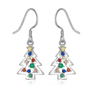 christmas tree dangle earrings drop star s925 sterling sliver for women colorful cz hypoallergenic piercing cute fish hook festive winter holiday jewelry xmas gift