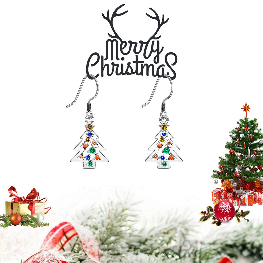 Christmas Tree Dangle Earrings Drop Star S925 Sterling Sliver for Women Colorful CZ Hypoallergenic Piercing Cute Fish Hook Festive Winter Holiday Jewelry Xmas Gift