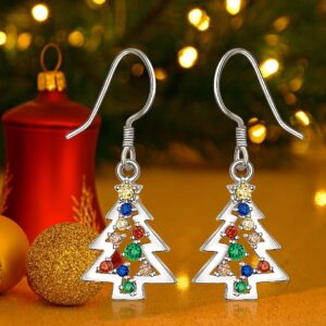 Christmas Tree Dangle Earrings Drop Star S925 Sterling Sliver for Women Colorful CZ Hypoallergenic Piercing Cute Fish Hook Festive Winter Holiday Jewelry Xmas Gift