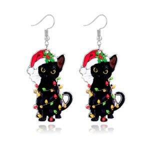 Christmas Earrings for Women Cute Gingerbread Man Elf Fawn Charm Earrings Acrylic Fashion Christmas Tree Cat Dinosaur Funny Earrings Xmas Party Favors Decor Accessories (Christmas Black Cat)