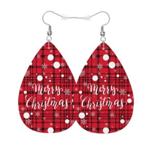 vosach merry christmas leather teardrop hook earrings winter snowflakes checkered buffalo plaid elegant earrings for women friends dangle earrings