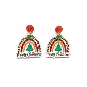 Cute Acrylic Christmas Dangle Drop Earrings Leopard Print Rainbow Christmas Tree Holiday Decor Jewelry Xmas Party Favors Birthday Gift