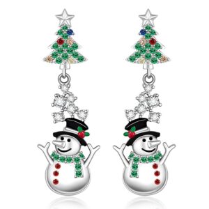 Christmas Tree Snowman Earrings for Women Sterling Silver Tree with Star Holiday Dangle Drop Earrings Winter Colorful CZ Xmas Gift