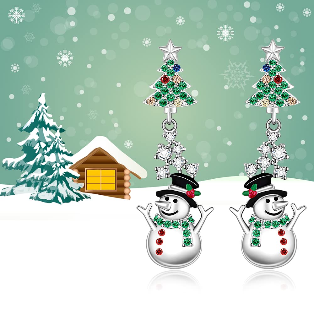 Christmas Tree Snowman Earrings for Women Sterling Silver Tree with Star Holiday Dangle Drop Earrings Winter Colorful CZ Xmas Gift