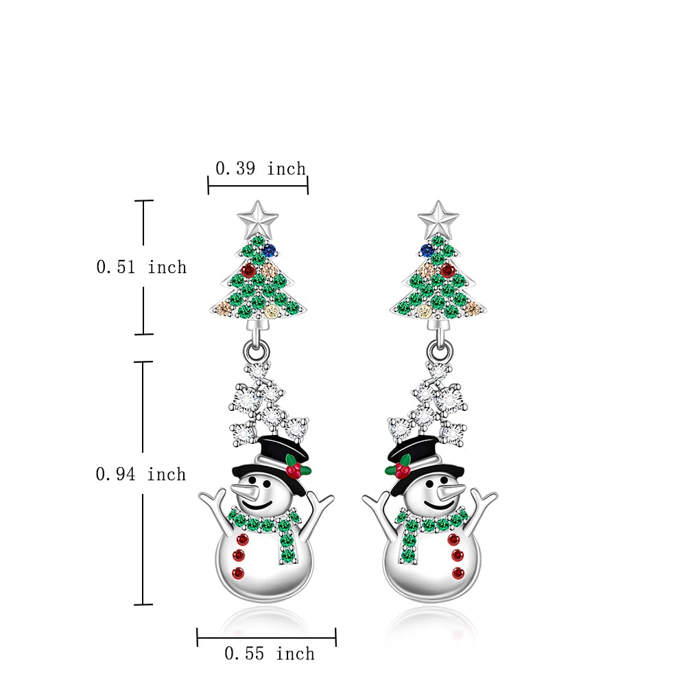 Christmas Tree Snowman Earrings for Women Sterling Silver Tree with Star Holiday Dangle Drop Earrings Winter Colorful CZ Xmas Gift