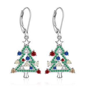 sterling silver christmas tree earrings leverback dangle drop earrings for women holiday x-mas christmas tree jewelry