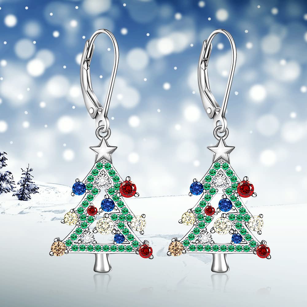 Sterling Silver Christmas Tree Earrings Leverback Dangle Drop Earrings for Women Holiday X-mas Christmas Tree Jewelry