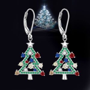 Sterling Silver Christmas Tree Earrings Leverback Dangle Drop Earrings for Women Holiday X-mas Christmas Tree Jewelry