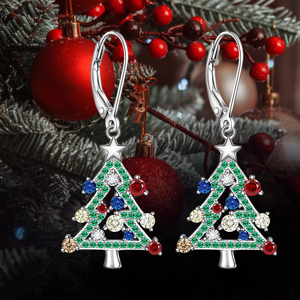 Sterling Silver Christmas Tree Earrings Leverback Dangle Drop Earrings for Women Holiday X-mas Christmas Tree Jewelry