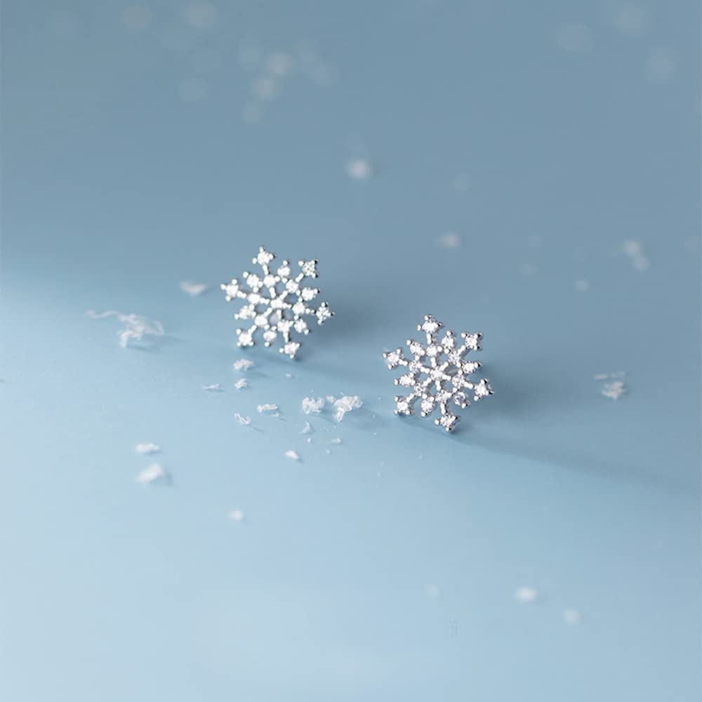 Reffeer Solid 925 Sterling Silver Snowflake Earrings Studs for Women Teens Winter Snow Stud Earrings Christmas (A-Silver)