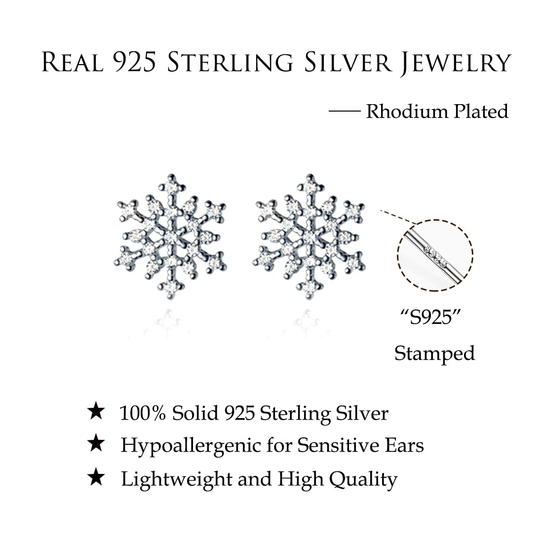 Reffeer Solid 925 Sterling Silver Snowflake Earrings Studs for Women Teens Winter Snow Stud Earrings Christmas (A-Silver)