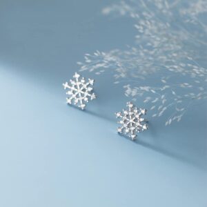 Reffeer Solid 925 Sterling Silver Snowflake Earrings Studs for Women Teens Winter Snow Stud Earrings Christmas (A-Silver)