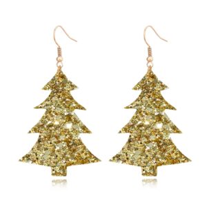 Lightweight Christmas Tree Faux Leather Sequins Dangle Earrings Glitter three-layer splicing sequin PU Earrings for Women Gift (Gold Christmas Tree Earrings)