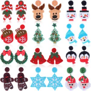 Siifert 12 Pairs Christmas Earrings for Women Christmas Beaded Earrings Bulk Holiday Earrings Handmade Christmas Tree Santa Snowflake Wreath Reindeer Dangle Earrings for Party Christmas Gifts