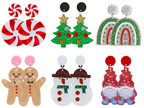 Cooluckday Christmas Earrings for Women Dangling Acrylic Christmas Tree Gnome Gingerbread Man Candy Snowman Earrings Christmas Stud Earrings for Women Christmas Gifts(4/6Pcs)