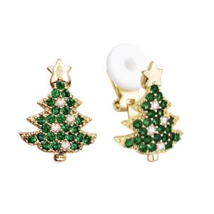 SELOVO Green Christmas Tree Shape Women Clip on Earrings Stud Green Crystal Gold Tone