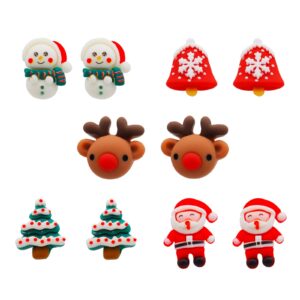 Charistmas Earring Set for Women, 5 Pairs Cute Resin Christmas Stud Earrings,Christmas Trees, Bells,Santa Claus,Snowman,elk Earrings (Red)