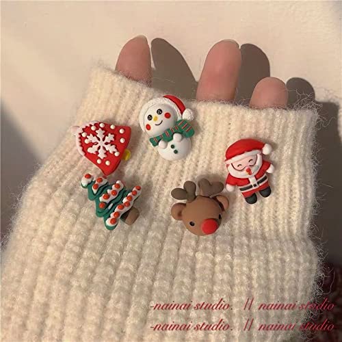 Charistmas Earring Set for Women, 5 Pairs Cute Resin Christmas Stud Earrings,Christmas Trees, Bells,Santa Claus,Snowman,elk Earrings (Red)