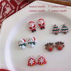 Charistmas Earring Set for Women, 5 Pairs Cute Resin Christmas Stud Earrings,Christmas Trees, Bells,Santa Claus,Snowman,elk Earrings (Red)