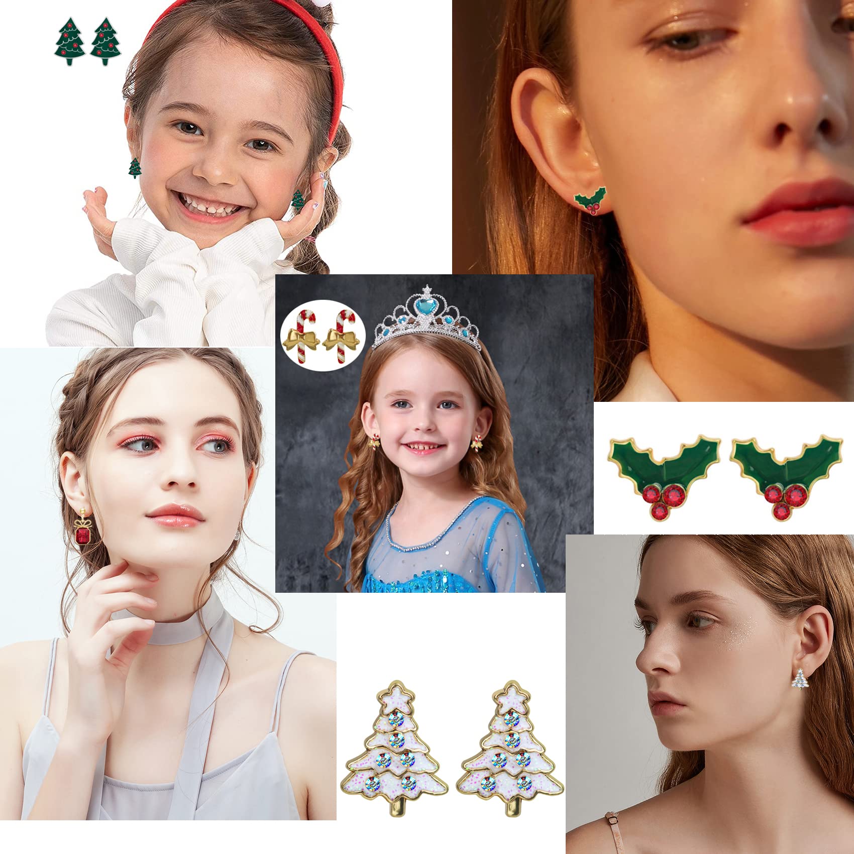 Christmas Earrings for Women,15 Pairs Hypoallergenic Santa Claus Candy Cane Snowman Christmas Tree Stud Holiday Earring Set Gift for Teen Girls Jewelry