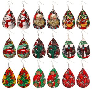 9 pairs christmas earrings for women, lightweight faux leather earrings set teardrop dangle xmas earrings christmas trees santa snowflakes earrings christmas