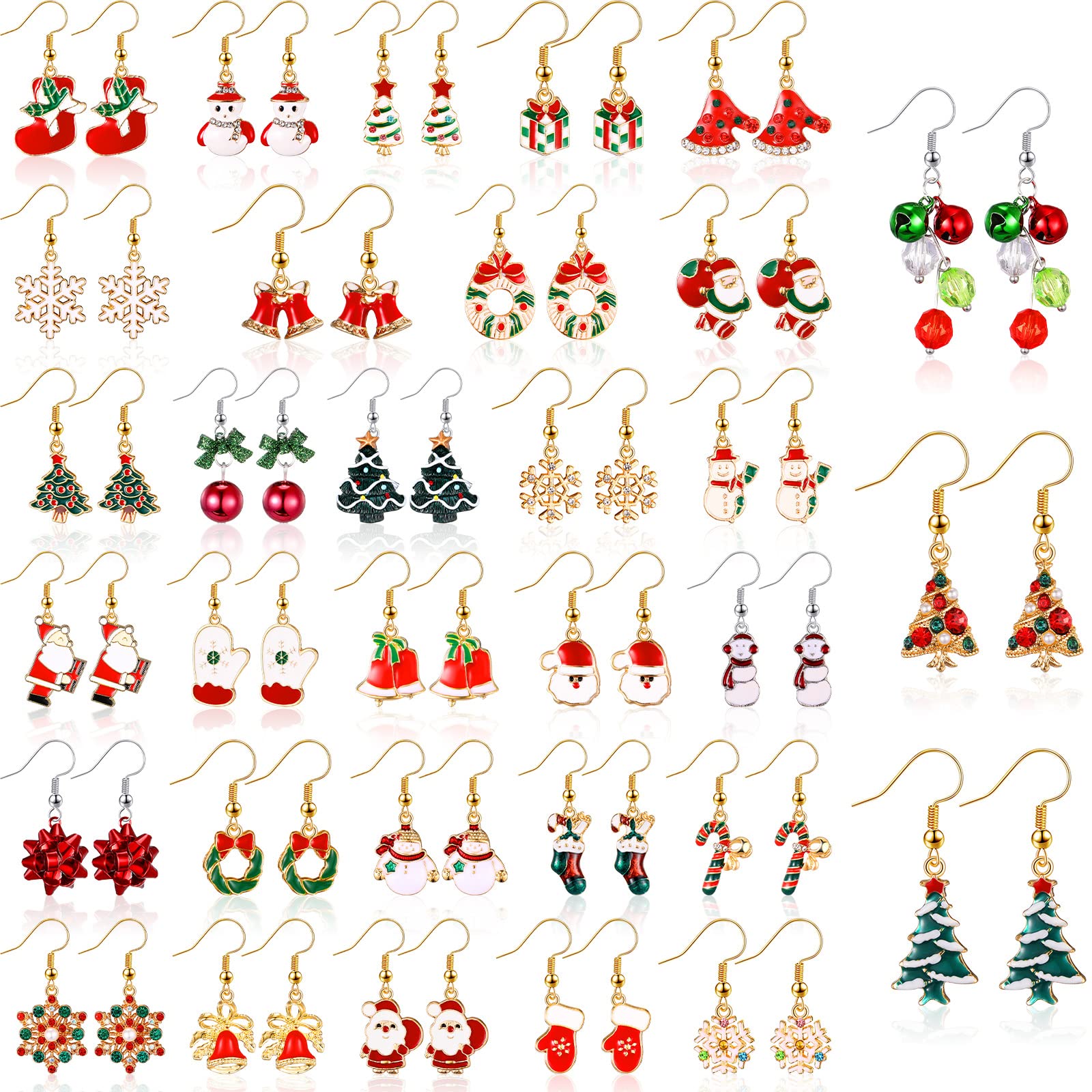 32 Pairs Christmas Earrings for Women Girls, Thanksgiving Xmas Holiday Jewelry Dangle Earrings Set, Christmas Tree Bow Snowman Candy Drop Earrings Xmas Earrings Gift for Girls (Classic Style)