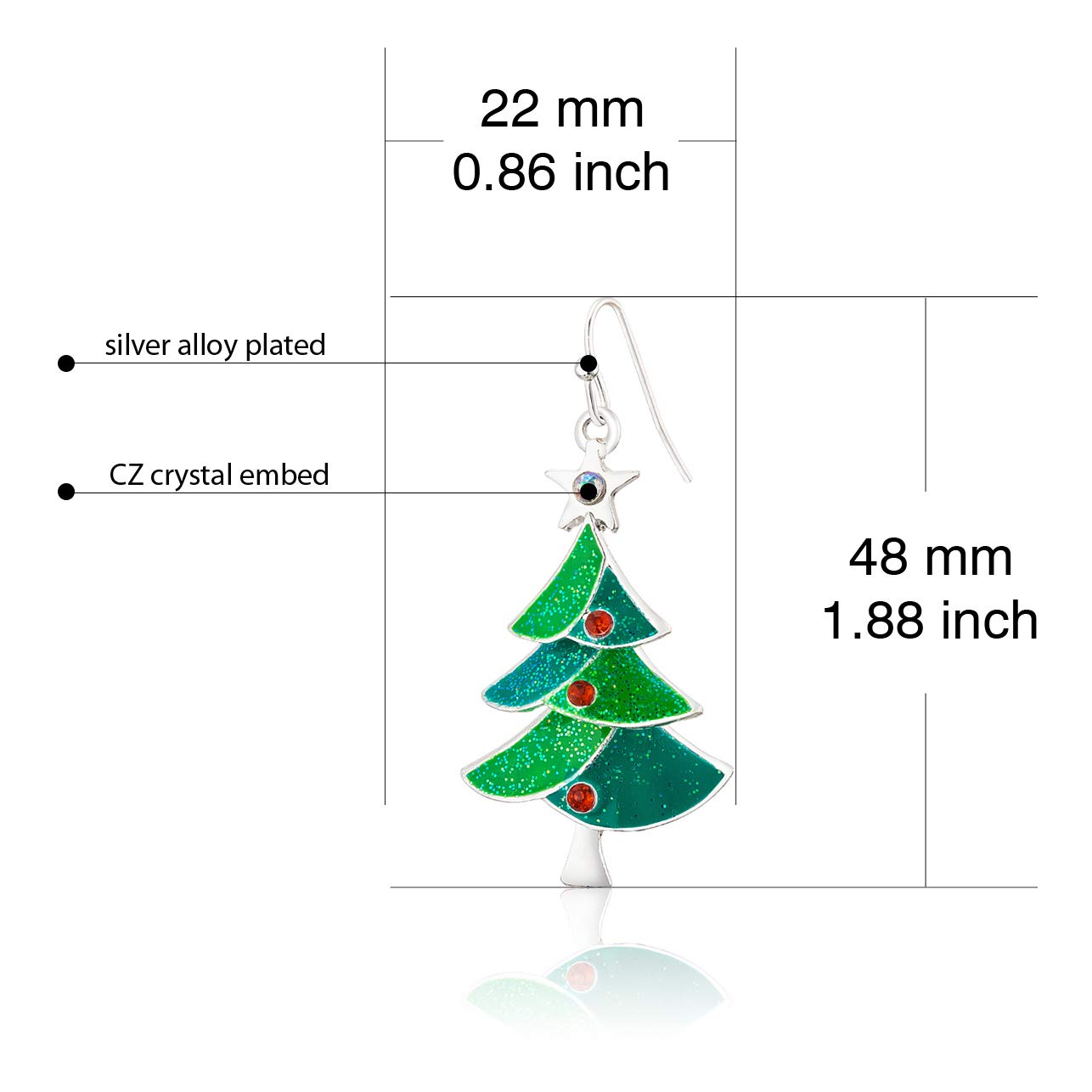 RareLove Green Christmas Tree with Star Red Rhinestone Pierced Dangle Earrings CZ Crystal Silver Plated Alloy Holiday For Women