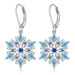 snowflake earrings for women sterling silver winter snow flower leverback drop dangle earrings blue sapphire holiday christmas jewelry gifts