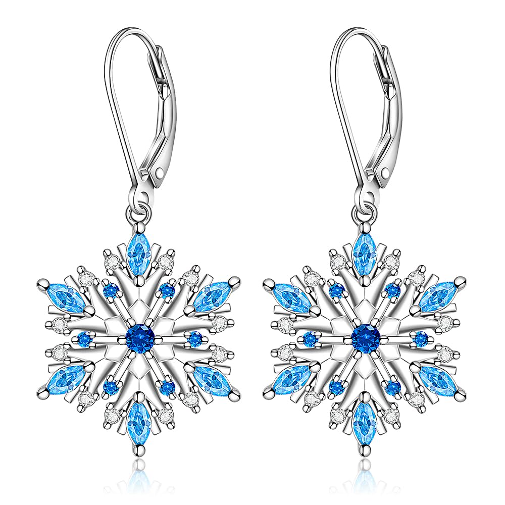 Snowflake Earrings for Women Sterling Silver Winter Snow Flower Leverback Drop Dangle Earrings Blue Sapphire Holiday Christmas Jewelry Gifts