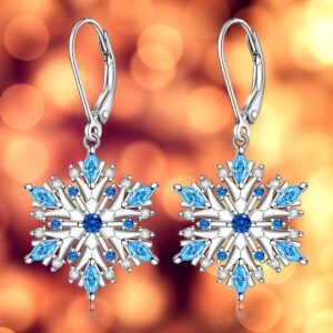 Snowflake Earrings for Women Sterling Silver Winter Snow Flower Leverback Drop Dangle Earrings Blue Sapphire Holiday Christmas Jewelry Gifts