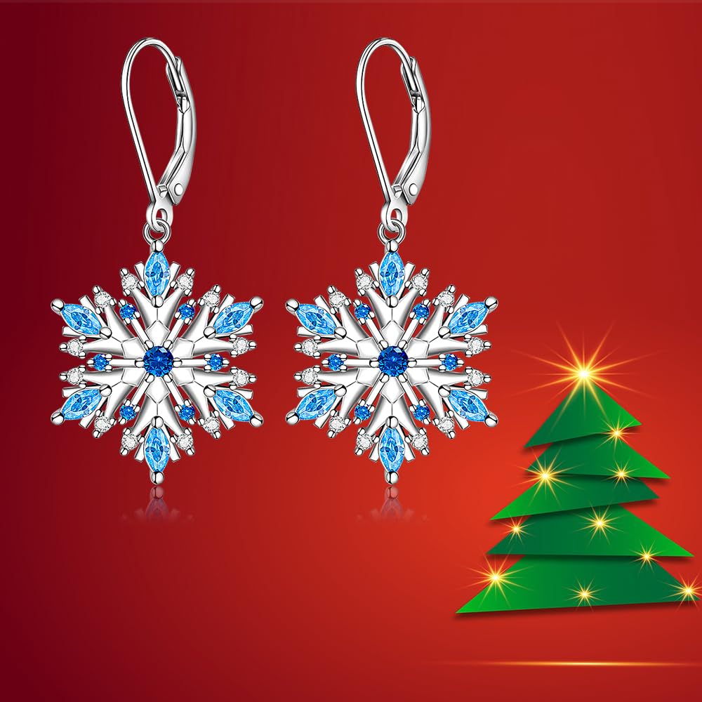 Snowflake Earrings for Women Sterling Silver Winter Snow Flower Leverback Drop Dangle Earrings Blue Sapphire Holiday Christmas Jewelry Gifts