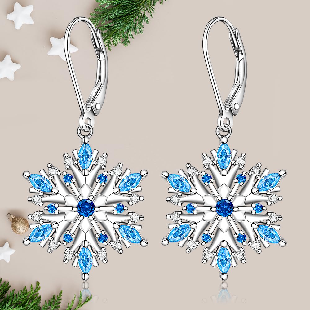 Snowflake Earrings for Women Sterling Silver Winter Snow Flower Leverback Drop Dangle Earrings Blue Sapphire Holiday Christmas Jewelry Gifts