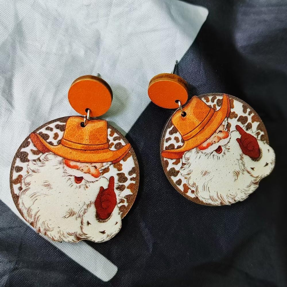 Zian Christmas Earrings Cowboy Hat Santa Earrings Round Wooden Earrings Christmas Jewelry Holiday Earrings