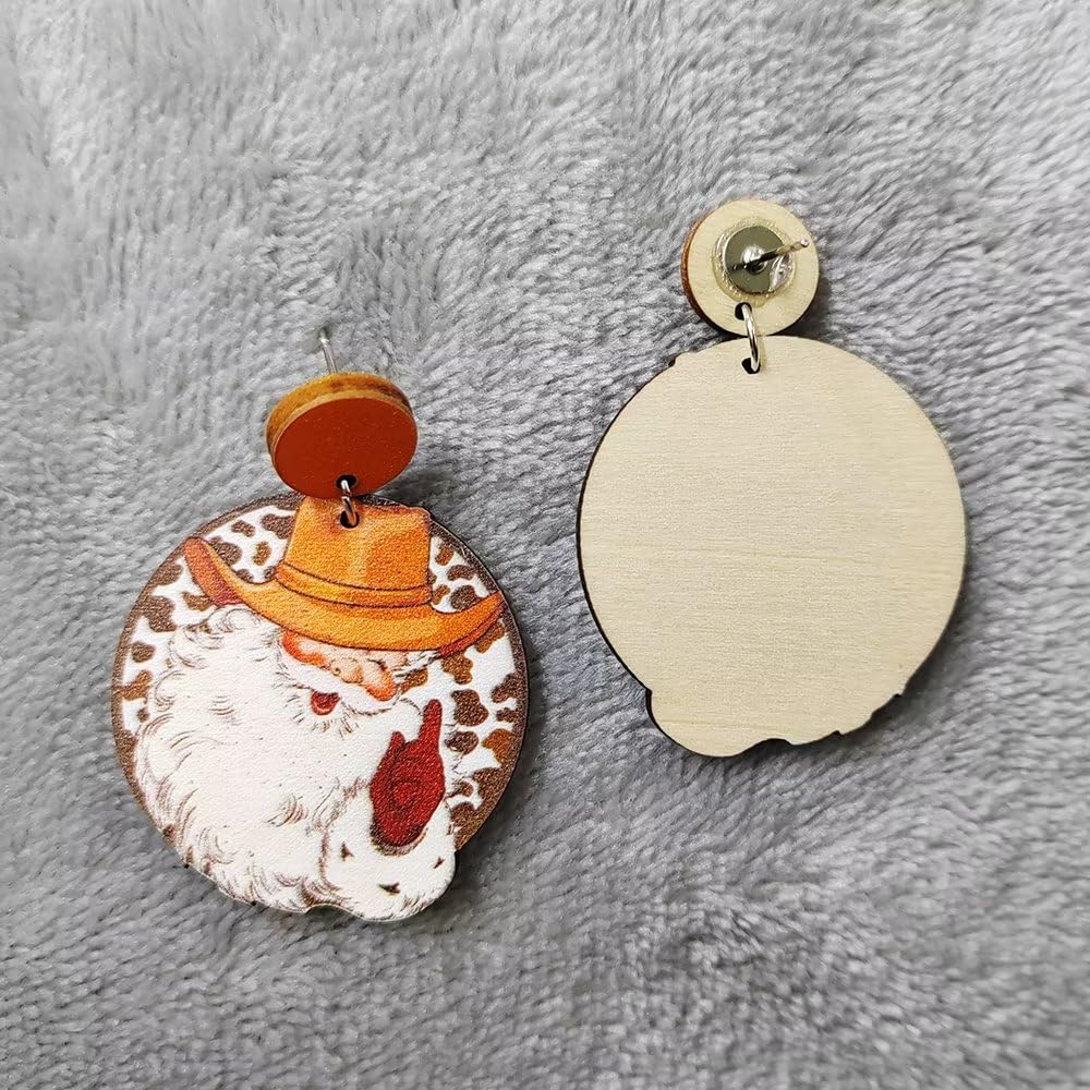 Zian Christmas Earrings Cowboy Hat Santa Earrings Round Wooden Earrings Christmas Jewelry Holiday Earrings