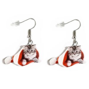 Cute Acrylic Christmas Animal Red Hat Dangle Earrings Cat Dog Reindeer Chihuahua Earrings Dangle For Women Charm Decoration Gifts-Cat A