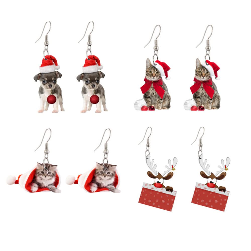 Cute Acrylic Christmas Animal Red Hat Dangle Earrings Cat Dog Reindeer Chihuahua Earrings Dangle For Women Charm Decoration Gifts-Cat A