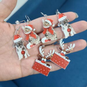 Cute Acrylic Christmas Animal Red Hat Dangle Earrings Cat Dog Reindeer Chihuahua Earrings Dangle For Women Charm Decoration Gifts-Cat A