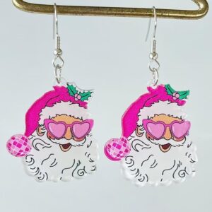 Todu Hot Pink Earrings Funny Christmas Santa Earrings Retro Acrylic Drop Dangle Earrings For Women Christmas Gifts(Christmas Santa)