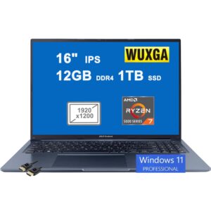 ASUS VivoBook 16X Business Laptop | 16" WUXGA IPS Anti-glare Display | AMD 8-Core Ryzen 7 5800HS Processor| 12GB DDR4 1TB SSD | USB-C HDMI SonicMaster Win11Pro Blue + HDMI Cable