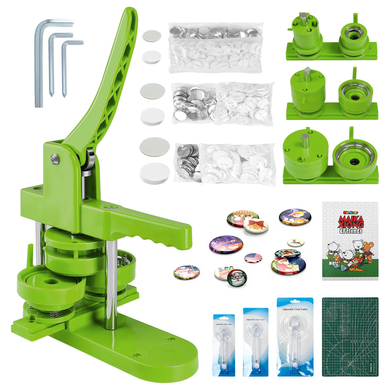 Alldeer Pin Maker Machine 1+1.73+2.25 Inch with 500 Sets Plastic Button Making Supplies, Pin Back Button Maker Machine Multiple Sizes, Interchangeable Models 25/44/58mm, Badge Button Press Machine