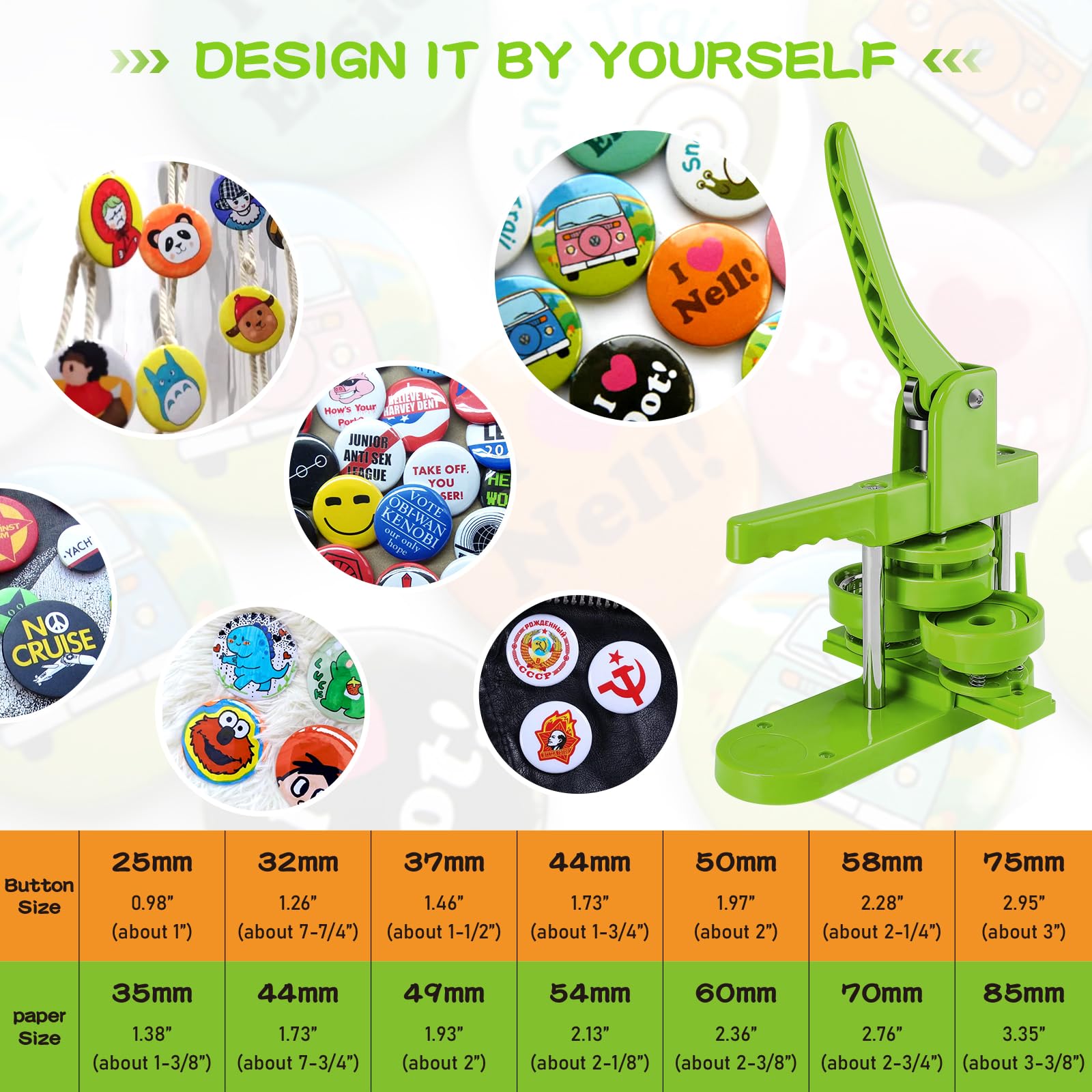 Alldeer Pin Maker Machine 1+1.73+2.25 Inch with 500 Sets Plastic Button Making Supplies, Pin Back Button Maker Machine Multiple Sizes, Interchangeable Models 25/44/58mm, Badge Button Press Machine