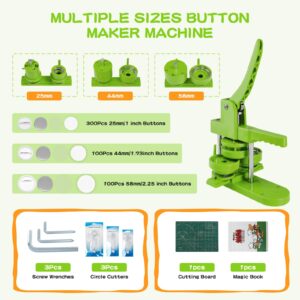 Alldeer Pin Maker Machine 1+1.73+2.25 Inch with 500 Sets Plastic Button Making Supplies, Pin Back Button Maker Machine Multiple Sizes, Interchangeable Models 25/44/58mm, Badge Button Press Machine