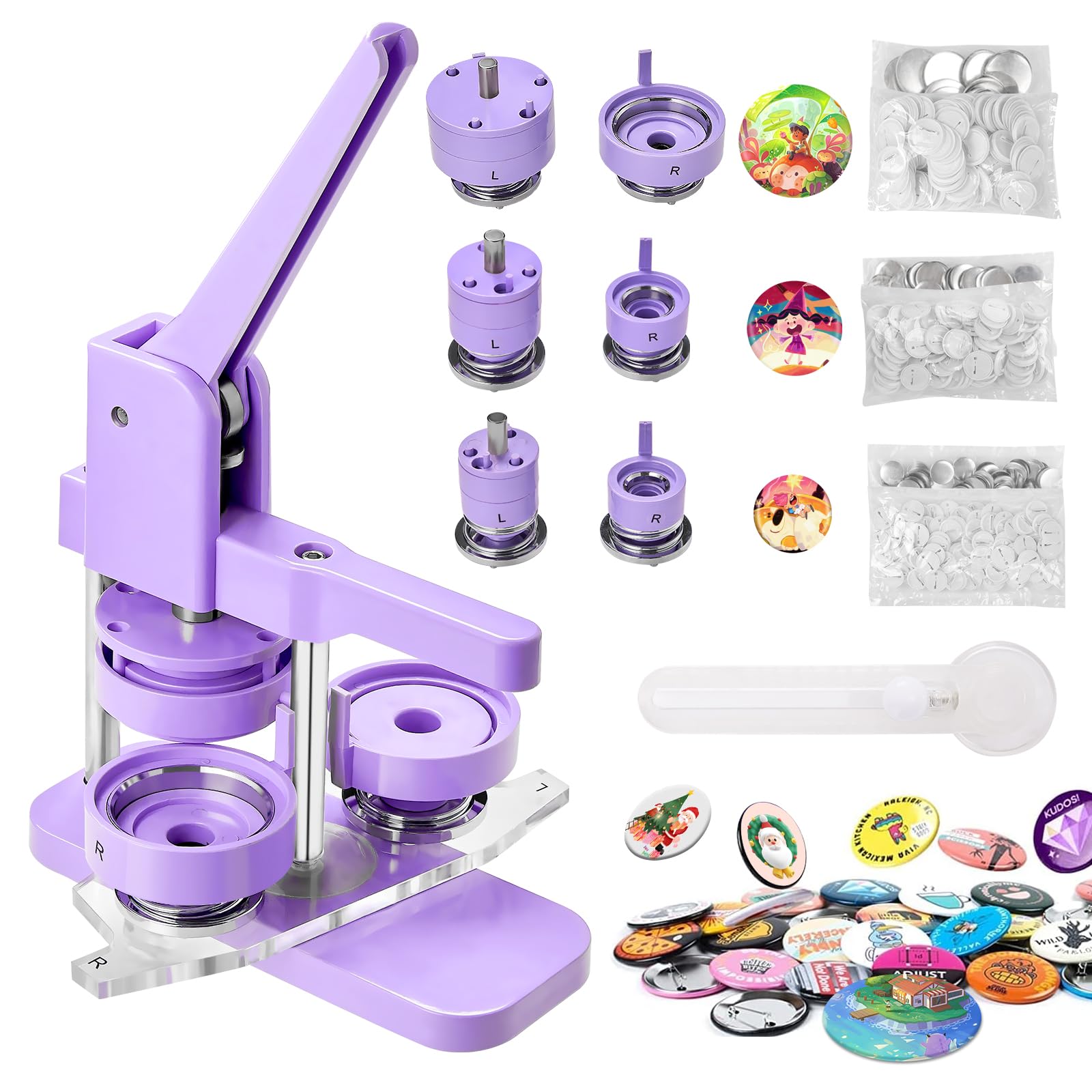 Alldeer 1+1.25+2.25 Inch Button Maker Machine Multiple Sizes - Pin Making Kit for Kids, DIY Button Maker Pin Button Machine with 300 Sets of Button Parts(Metal Cover, Plastic Pin Backs, Plastic Film)