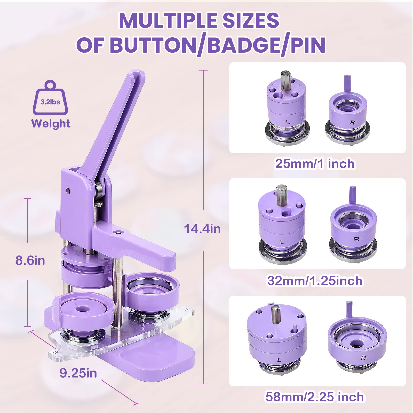 Alldeer 1+1.25+2.25 Inch Button Maker Machine Multiple Sizes - Pin Making Kit for Kids, DIY Button Maker Pin Button Machine with 300 Sets of Button Parts(Metal Cover, Plastic Pin Backs, Plastic Film)