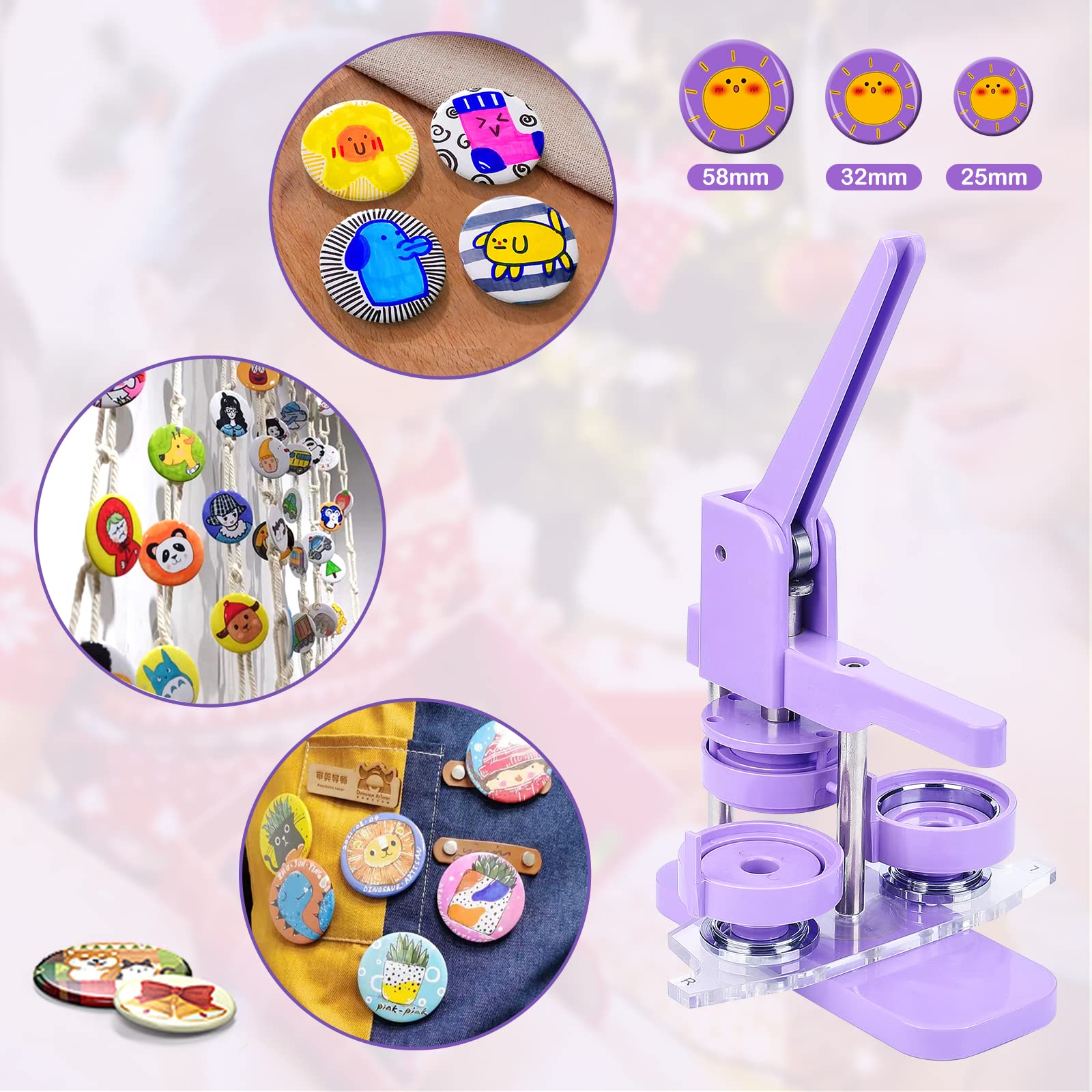 Alldeer 1+1.25+2.25 Inch Button Maker Machine Multiple Sizes - Pin Making Kit for Kids, DIY Button Maker Pin Button Machine with 300 Sets of Button Parts(Metal Cover, Plastic Pin Backs, Plastic Film)