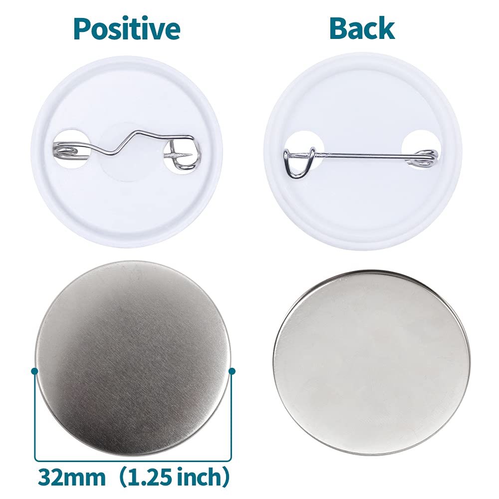 Happizza 500 Sets 32mm(1.25 inch) Blank Pin Back Button Parts for Button Maker Machine 32mm, Round Badge Making Supplies, includes Metal Cover, Plastic Button Back Cover, Clear Film&Blank Paper