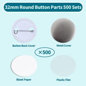 Happizza 500 Sets 32mm(1.25 inch) Blank Pin Back Button Parts for Button Maker Machine 32mm, Round Badge Making Supplies, includes Metal Cover, Plastic Button Back Cover, Clear Film&Blank Paper